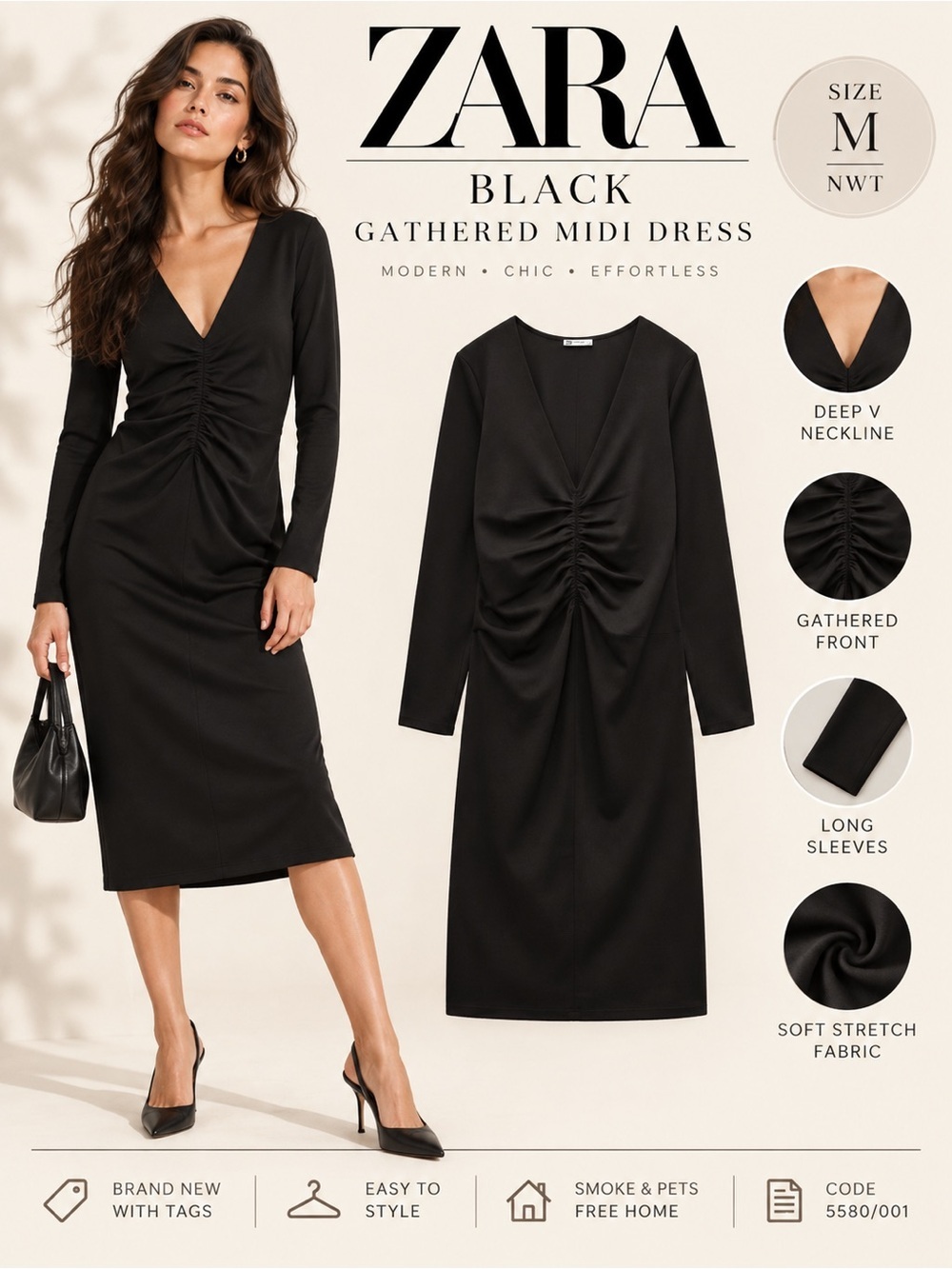 ZARA Black Gathered Ruched Long Sleeve Midi Dress M NWT 5580/001